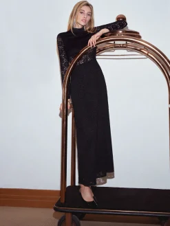 Discount Mock Neck Lace Zipper Dress Black Dresses|Casual Dresses