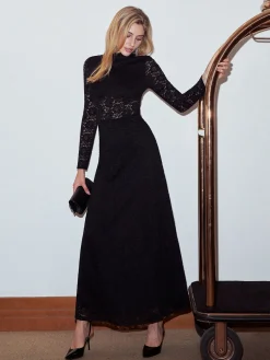 Discount Mock Neck Lace Zipper Dress Black Dresses|Casual Dresses