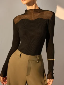 Outlet Mock Neck Mesh Panel Slim Sweater Sweater Tops|Sweaters & Cardigans