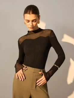 Outlet Mock Neck Mesh Panel Slim Sweater Sweater Tops|Sweaters & Cardigans