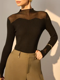 Outlet Mock Neck Mesh Panel Slim Sweater Sweater Tops|Sweaters & Cardigans