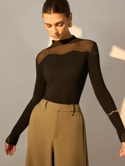 Outlet Mock Neck Mesh Panel Slim Sweater Sweater Tops|Sweaters & Cardigans