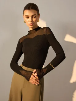 Outlet Mock Neck Mesh Panel Slim Sweater Sweater Tops|Sweaters & Cardigans