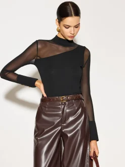 Discount Mock Neck Mesh-Detail Long Sleeve T-Shirt Tops