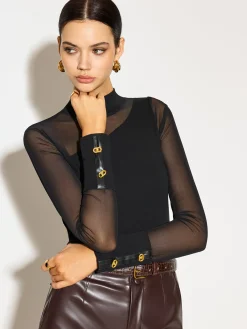Discount Mock Neck Mesh-Detail Long Sleeve T-Shirt Tops