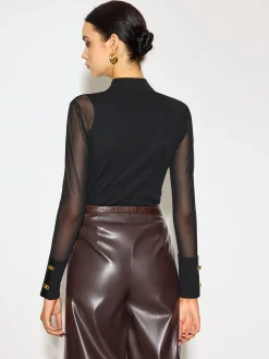 Discount Mock Neck Mesh-Detail Long Sleeve T-Shirt Tops