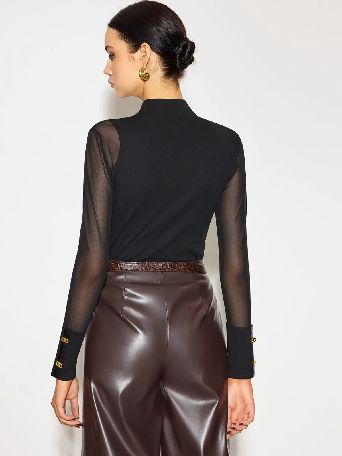 Discount Mock Neck Mesh-Detail Long Sleeve T-Shirt Tops
