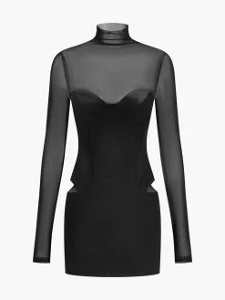 Online Mock Neck Mesh-Detail Short Dress Dresses