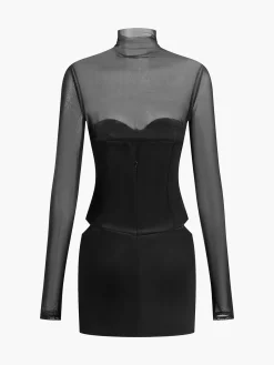 Online Mock Neck Mesh-Detail Short Dress Dresses