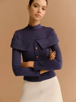Clearance Mock Neck Metal-Detail Jersey Top T-shirts|Tops