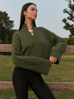 Sale Mock Neck Metal-Detail Short Sweater Knitwear|Tops