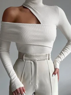 Online Mock Neck Oblique Cutout Rib Long Sleeve Knit Top Sweater Tops|T-shirts