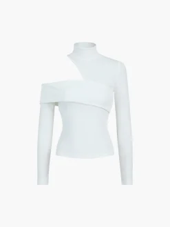 Online Mock Neck Oblique Cutout Rib Long Sleeve Knit Top Sweater Tops|T-shirts