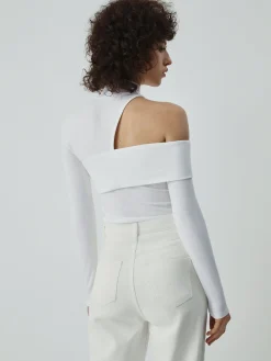 Online Mock Neck Oblique Cutout Rib Long Sleeve Knit Top Sweater Tops|T-shirts