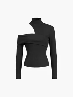 Online Mock Neck Oblique Cutout Rib Long Sleeve Knit Top Sweater Tops|T-shirts