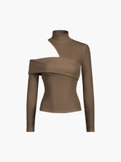 Online Mock Neck Oblique Cutout Rib Long Sleeve Knit Top Sweater Tops|T-shirts