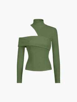 Online Mock Neck Oblique Cutout Rib Long Sleeve Knit Top Sweater Tops|T-shirts