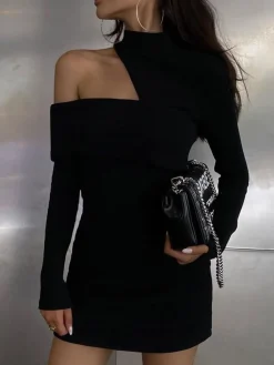 Discount Mock Neck Oblique Cutout Rib Long Sleeve Short Dress Black Dresses|Sweater Dresses