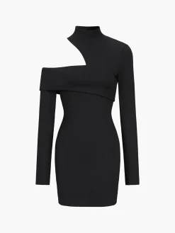 Discount Mock Neck Oblique Cutout Rib Long Sleeve Short Dress Black Dresses|Sweater Dresses