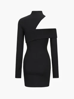 Discount Mock Neck Oblique Cutout Rib Long Sleeve Short Dress Black Dresses|Sweater Dresses