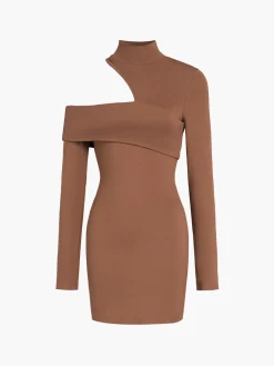 Discount Mock Neck Oblique Cutout Rib Long Sleeve Short Dress Black Dresses|Sweater Dresses