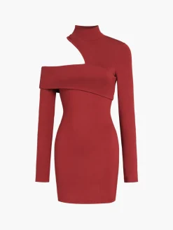 Discount Mock Neck Oblique Cutout Rib Long Sleeve Short Dress Black Dresses|Sweater Dresses
