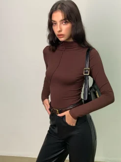 Online Mock Neck Piping Slim Jersey Top T-shirts|Tops