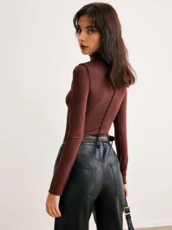 Online Mock Neck Piping Slim Jersey Top T-shirts|Tops