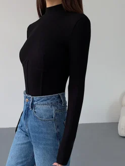 Best Mock Neck Piping Slim T-Shirt T-shirts|Tops