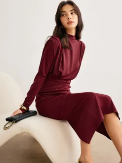 Sale Mock Neck Pleated Jersey Dress Black Dresses|Casual Dresses
