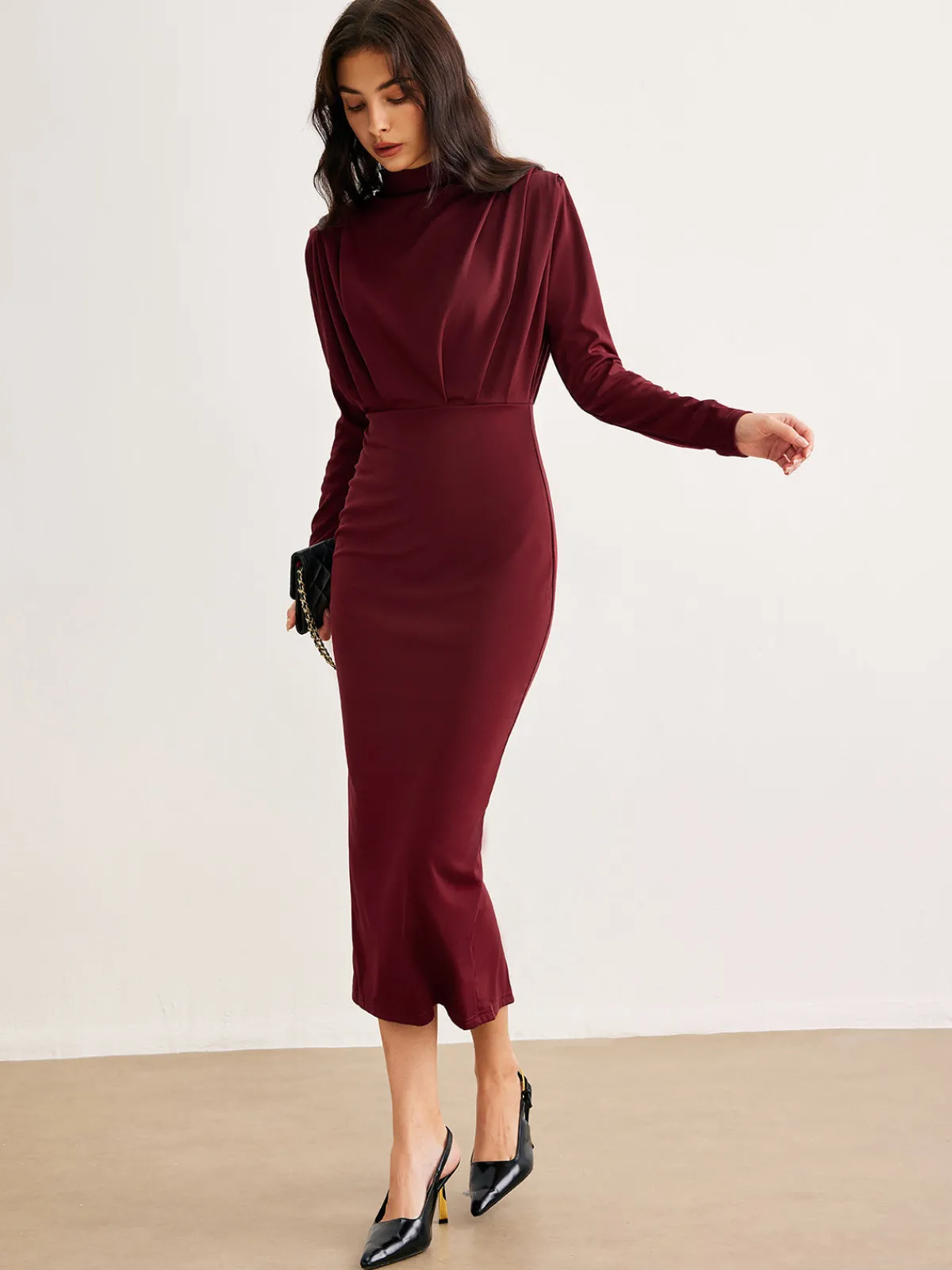Sale Mock Neck Pleated Jersey Dress Black Dresses|Casual Dresses