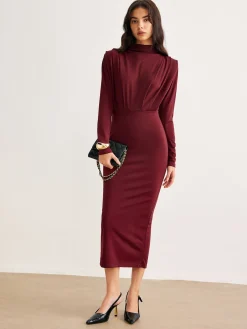 Sale Mock Neck Pleated Jersey Dress Black Dresses|Casual Dresses
