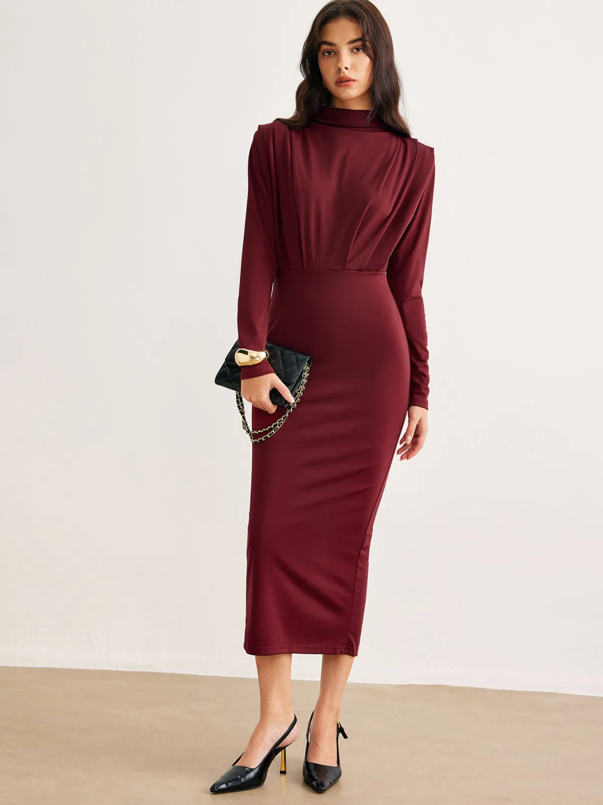 Sale Mock Neck Pleated Jersey Dress Black Dresses|Casual Dresses