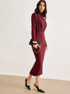 Sale Mock Neck Pleated Jersey Dress Black Dresses|Casual Dresses