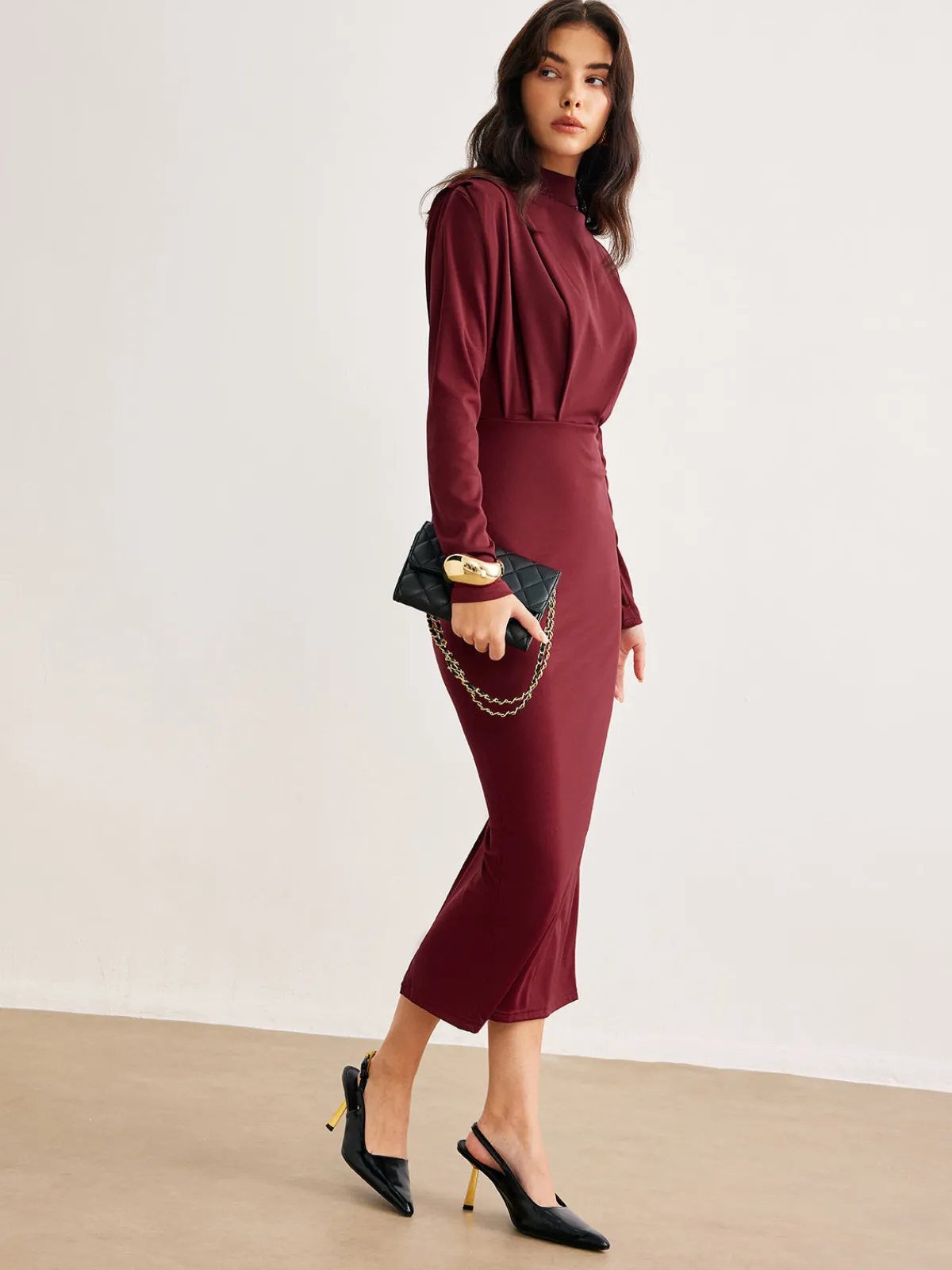 Sale Mock Neck Pleated Jersey Dress Black Dresses|Casual Dresses
