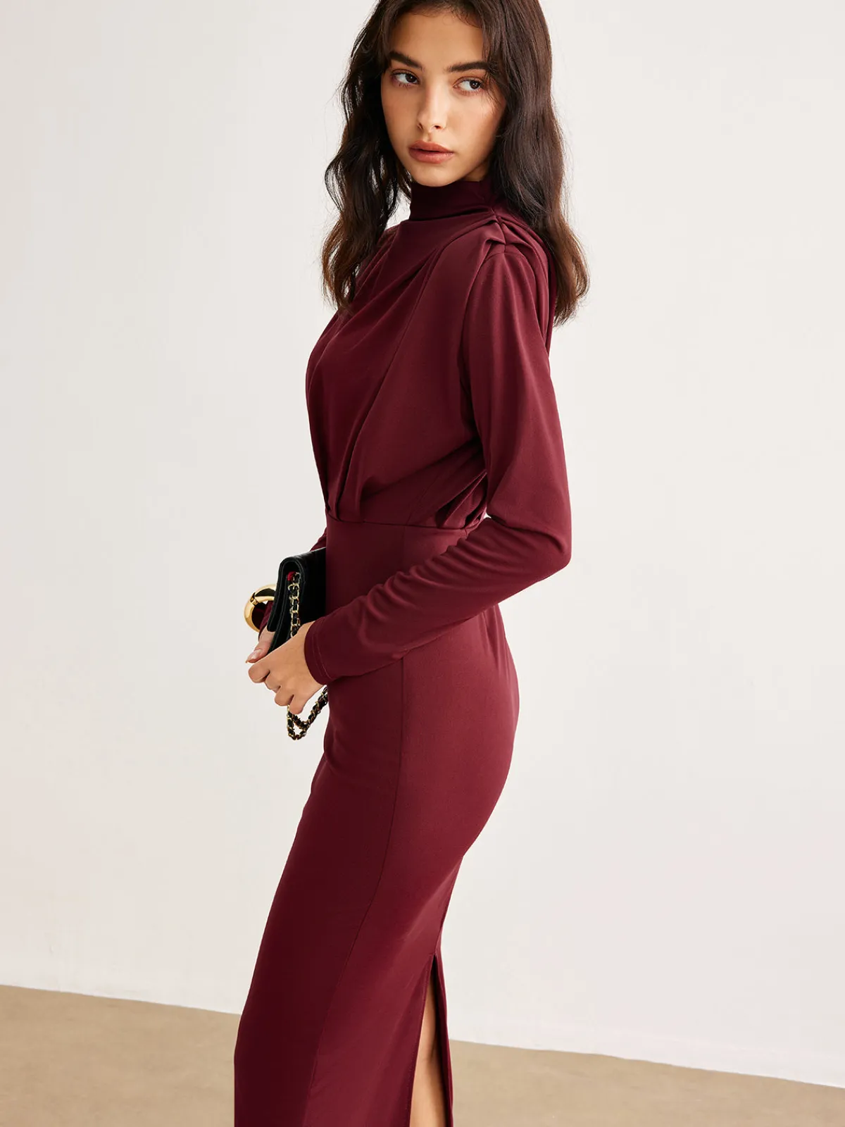 Sale Mock Neck Pleated Jersey Dress Black Dresses|Casual Dresses