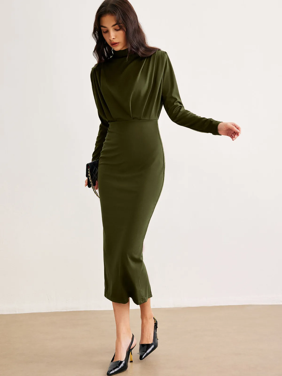 Sale Mock Neck Pleated Jersey Dress Black Dresses|Casual Dresses