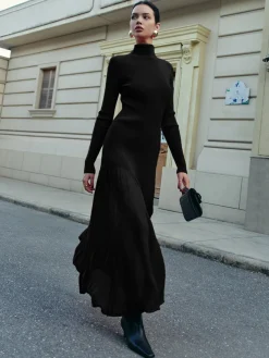 Best Mock Neck  Pleated Panel Sweater Dress Black Dresses|Sweater Dresses