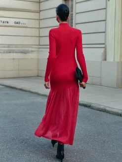 Clearance Mock Neck  Pleated Panel Sweater Dress Sweater Dresses|Work Dresses