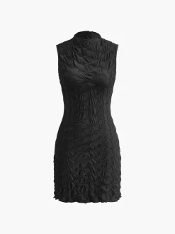 Discount Mock Neck Plisse Detailed Dress Black Dresses|Casual Dresses