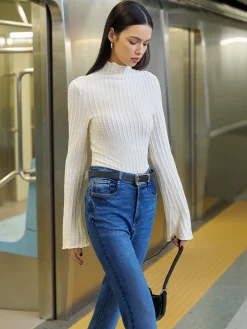 Sale Mock Neck Plisse Skinny T-Shirt T-shirts|Tops