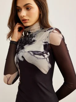 Sale Mock Neck Printed Mesh Dress Black Dresses|Casual Dresses