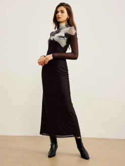 Sale Mock Neck Printed Mesh Dress Black Dresses|Casual Dresses
