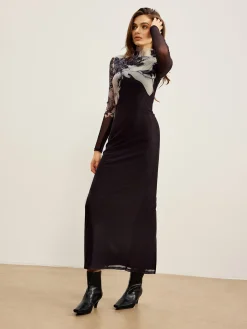 Sale Mock Neck Printed Mesh Dress Black Dresses|Casual Dresses