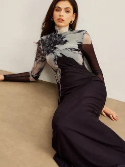Sale Mock Neck Printed Mesh Dress Black Dresses|Casual Dresses