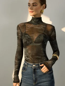 Outlet Mock Neck Printed Semi-Sheer Blouse Blouses & Shirts|Tops
