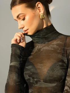 Outlet Mock Neck Printed Semi-Sheer Blouse Blouses & Shirts|Tops