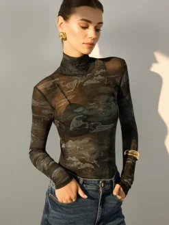New Mock Neck Printed Semi-Sheer Blouse Blouses & Shirts|Tops