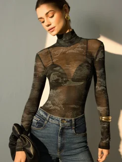New Mock Neck Printed Semi-Sheer Blouse Blouses & Shirts|Tops