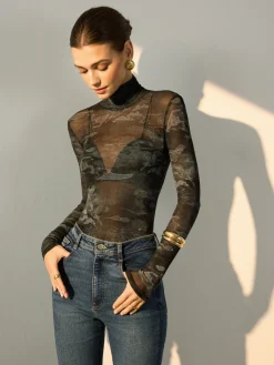 New Mock Neck Printed Semi-Sheer Blouse Blouses & Shirts|Tops